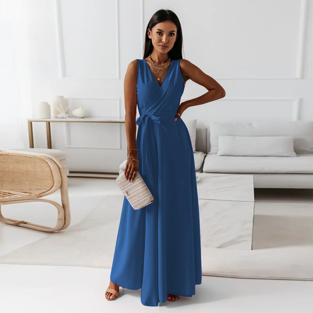 Women's Maxi Dress - Sleeveless V-Neck - Wrap Waist Elegant Flowing Fit