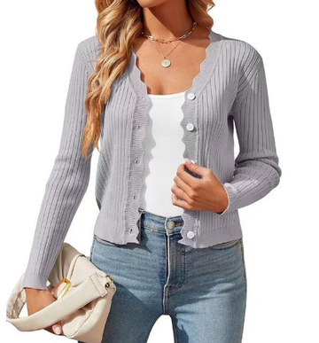 Elegant women’s cardigan with ruffled v-neck for casual wear