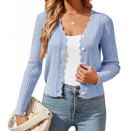 Elegant women’s cardigan with ruffled v-neck for casual wear