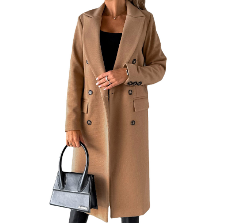 Women's Double-Breasted Overcoat - Tailored Fit - Knee-Length Wool Blend - Classic Lapel