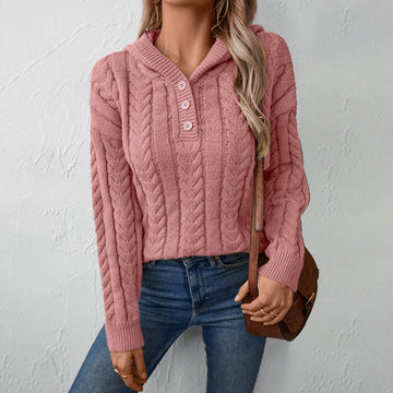 Women’s Knitted Top – Relaxed Fit – Wool Blend – Cable Knit – Henley Neck – Long Sleeve