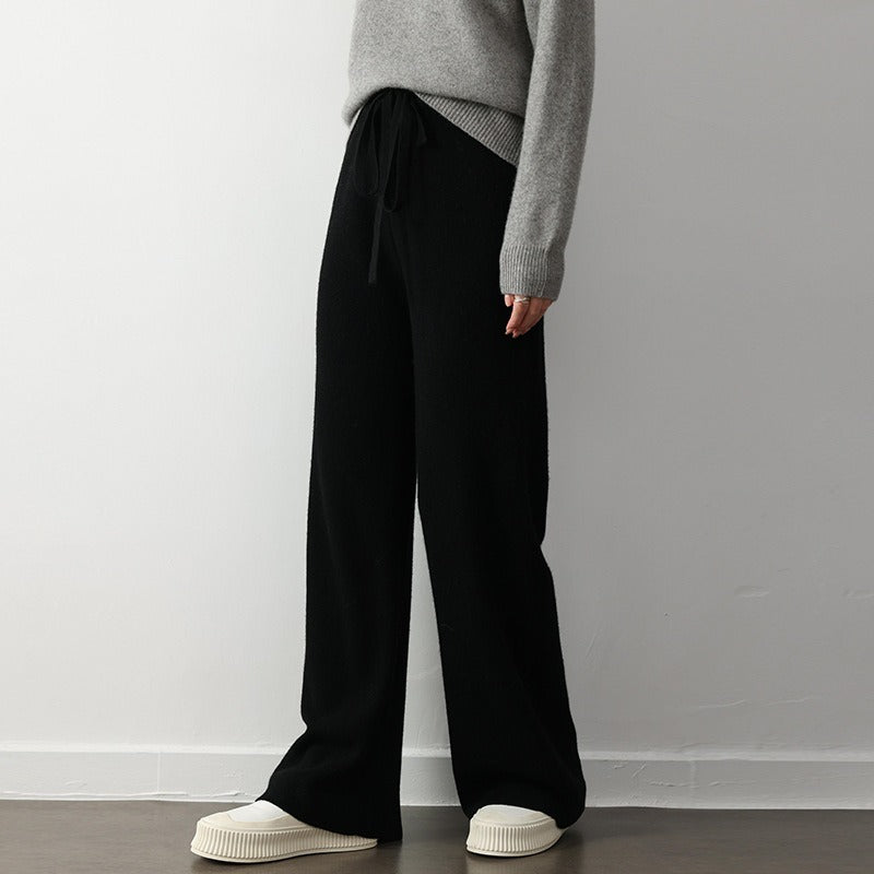 Women’s Knit Pants – Relaxed Fit – Ribbed Texture – Drawstring Waist – Wide Leg