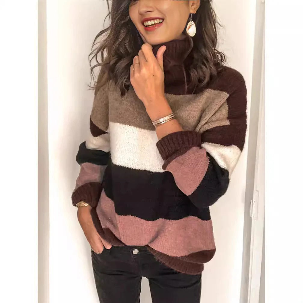 Women’s Turtleneck Sweater – Wool Knit – Relaxed Fit – Striped – Hip Length Pullover