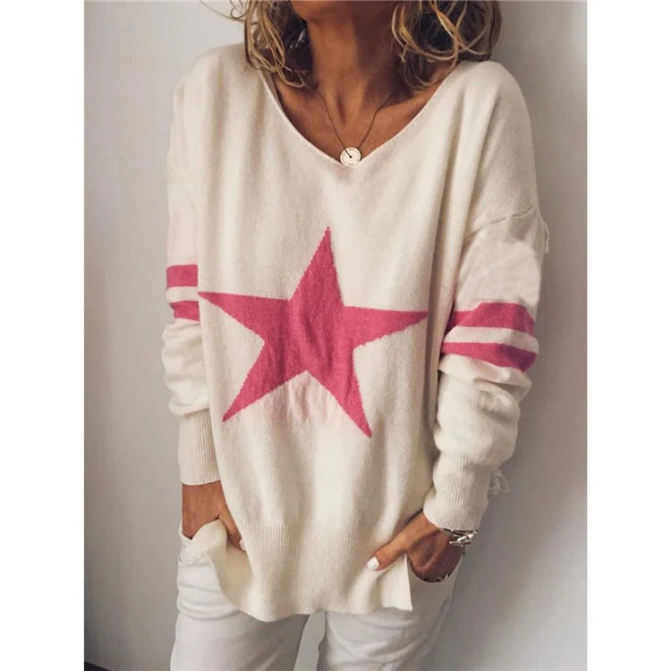 Women’s Sweater – Relaxed Fit – Soft Knit – Crew Neck – Star Print – Long Sleeve