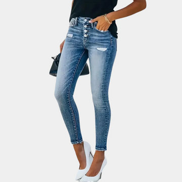 Women’s Skinny Jeans – Slim Fit – Button Fly – Distressed Denim – Ankle Length