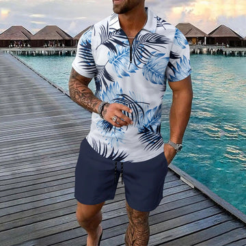 Men’s Polo Shirt – Slim Fit – Zip Neck – Tropical Print – Short Sleeve