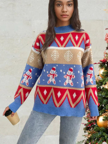 Women’s Knit Sweater – Relaxed Fit – Wool Blend – Crew Neck – Festive Snowman Pattern