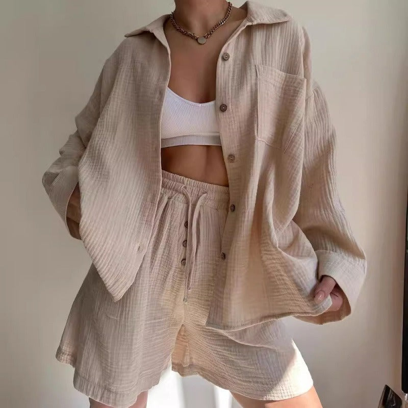 Women’s Two-Piece Set – Oversized Button-Up Shirt – High Waist Drawstring Shorts – Cotton