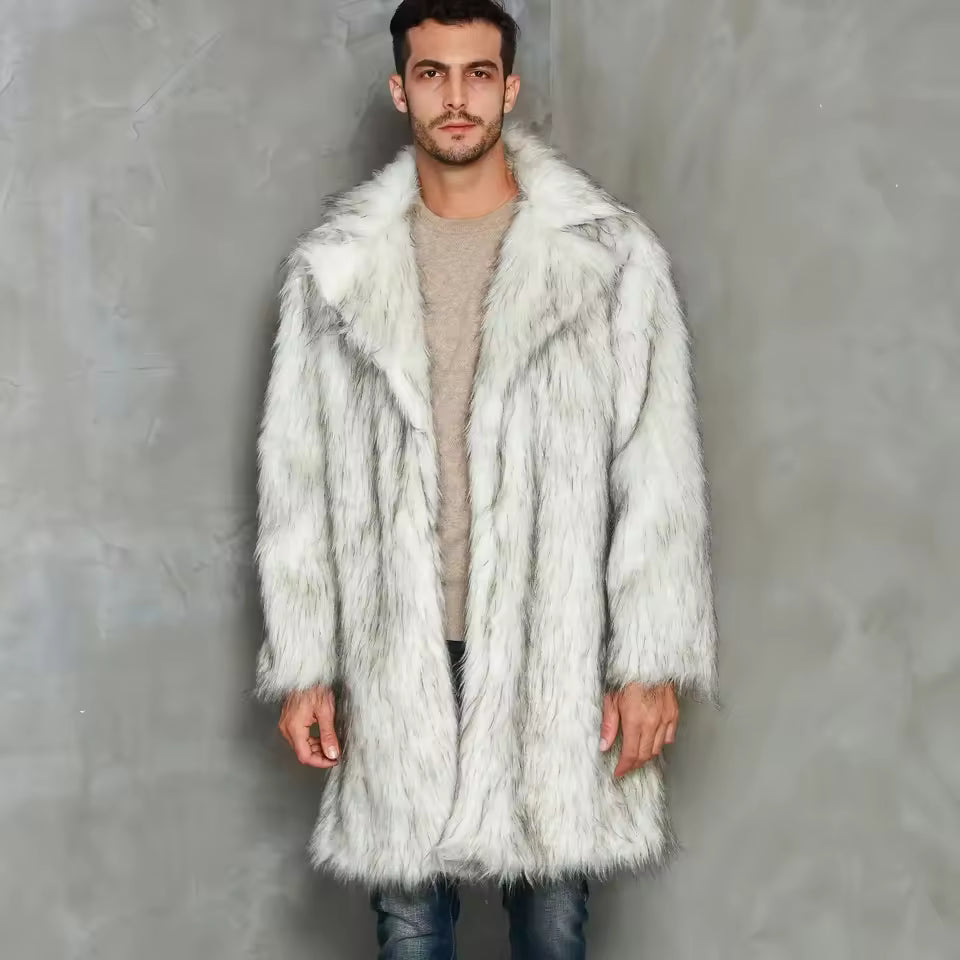 Men’s Long Coat – Faux Fur – Oversized Fit – Notch Lapel – Open Front Statement Wear
