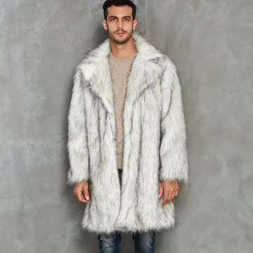 Men’s Long Coat – Faux Fur – Oversized Fit – Notch Lapel – Open Front Statement Wear