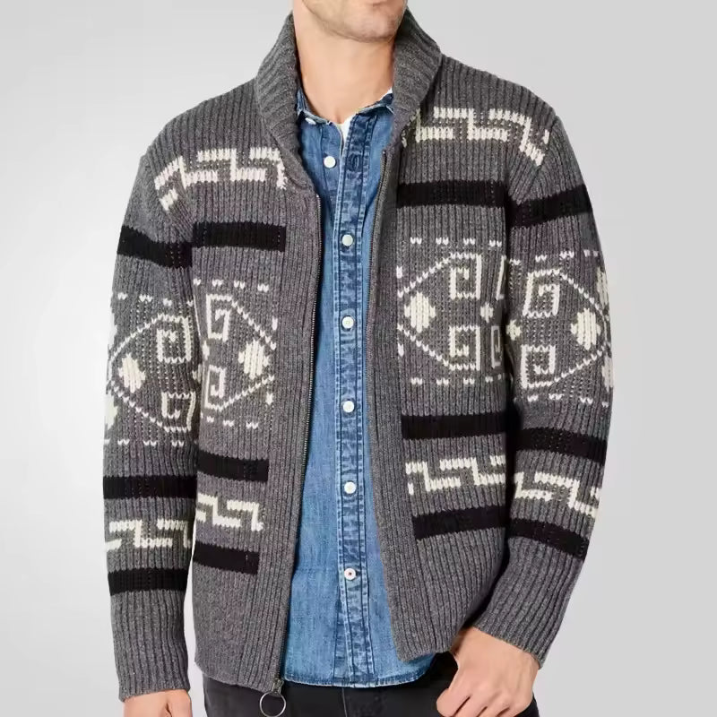 Men’s Cardigan – Wool Knit – Regular Fit – Zip Front – Ribbed – Geometric Pattern