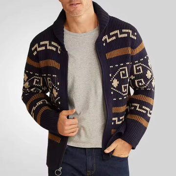 Men’s Cardigan – Wool Knit – Regular Fit – Zip Front – Ribbed – Geometric Pattern