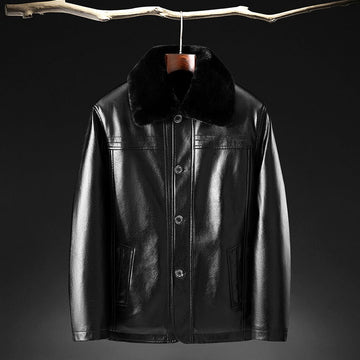 Men’s Leather Jacket – Tailored Fit – Plush Fur Collar – Button Front – Waist Length