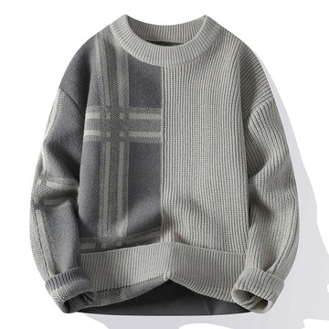 Men’s Crew Neck Sweater – Relaxed Fit – Textured Knit – Patchwork Panels – Long Sleeve