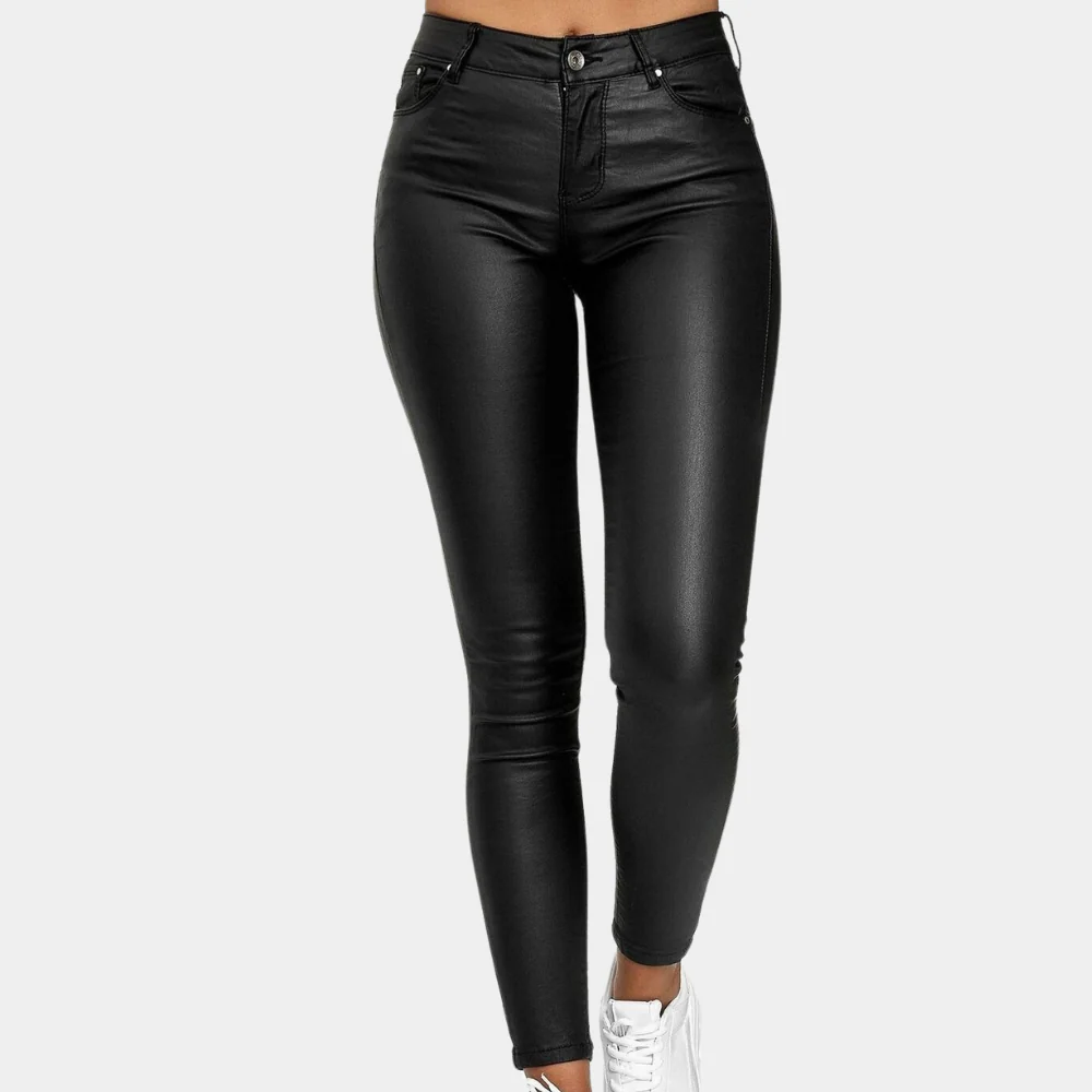 Women’s Slim Fit Pants – Leather-Look Finish – Full Length – Five Pocket Style
