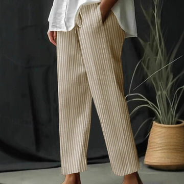 Women’s Wide-Leg Pants – Cotton Linen – Relaxed Fit – Striped – Drawstring Waist