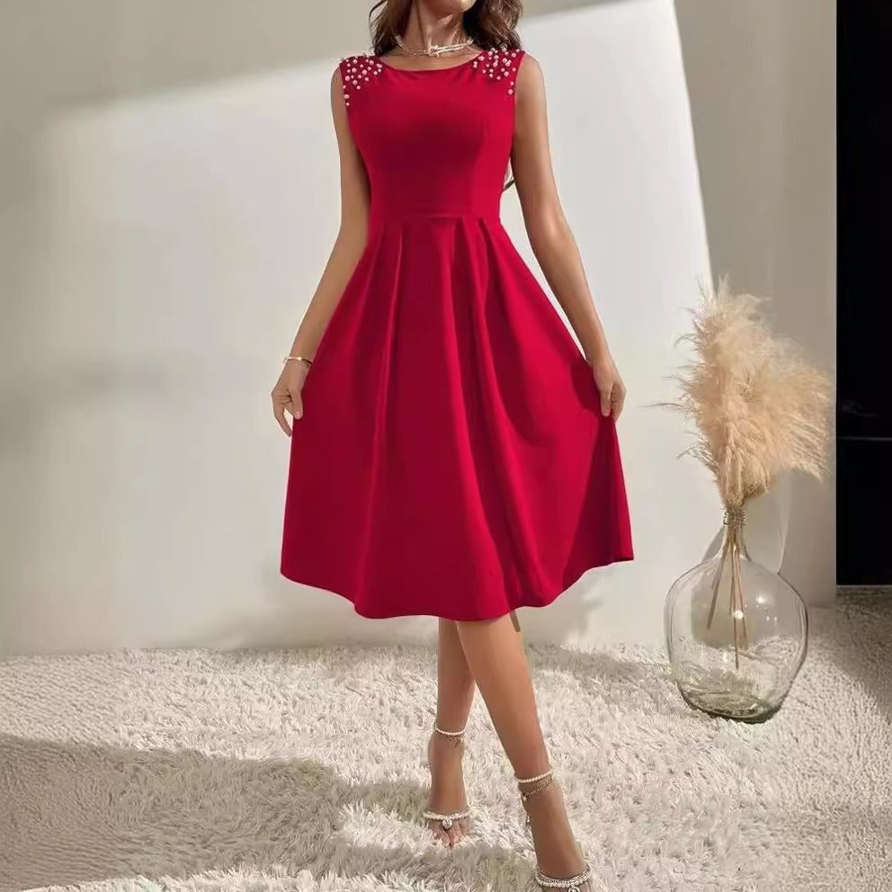 Women’s Midi Dress – Sleeveless A-Line – Fitted Waist – Beaded Shoulder Detail