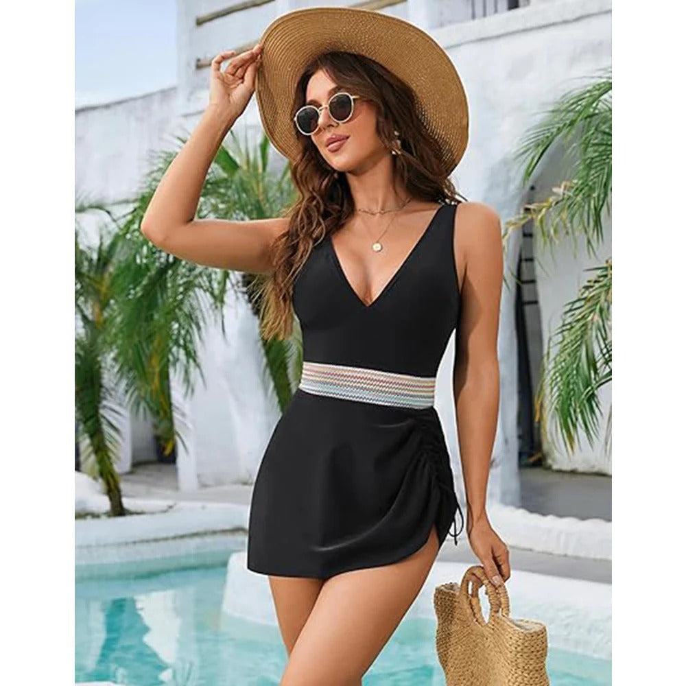 Women’s One-Piece Swimsuit – V-Neck – Ruched Sides – Waistband