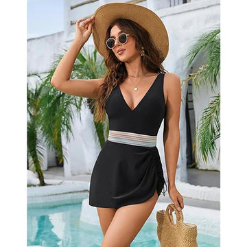 Women’s One-Piece Swimsuit – V-Neck – Ruched Sides – Waistband