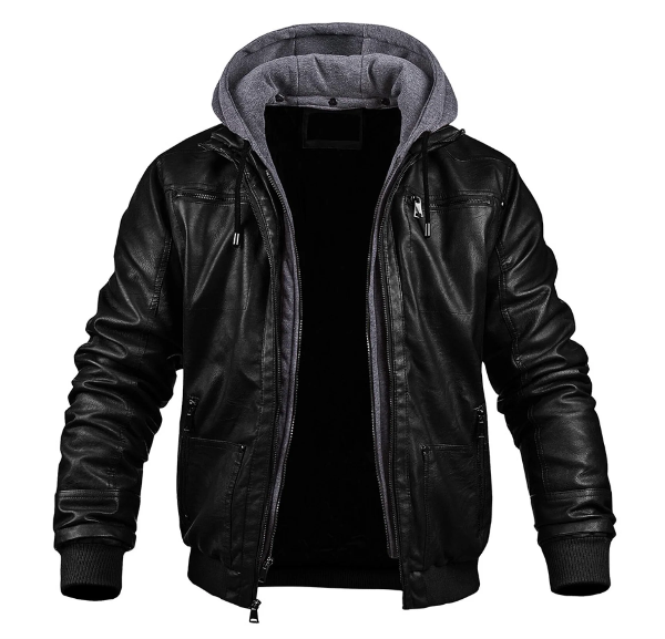 Men’s Leather Jacket – Slim Fit – Hooded with Zip Front – Ribbed Hem and Cuffs