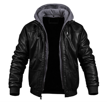 Men’s Leather Jacket – Slim Fit – Hooded with Zip Front – Ribbed Hem and Cuffs
