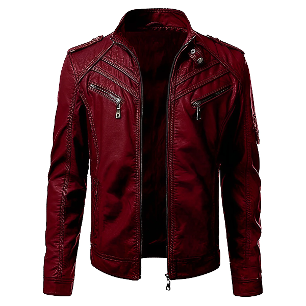 Men’s Leather Jacket – Slim Fit – Stand Collar – Zip Front – Multiple Pockets