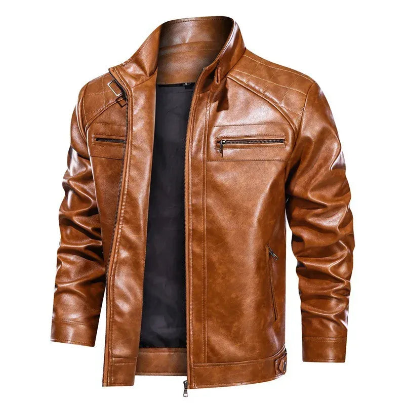 Men’s Biker Jacket – Slim Fit – Faux Leather – Quilted Shoulders – Zipper Pockets