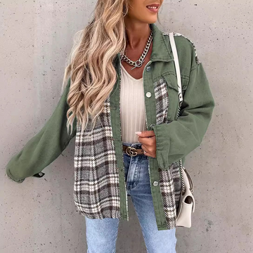 Women’s Denim Jacket – Relaxed Fit – Plaid Panel – Long Sleeve Button-Down Casual Style