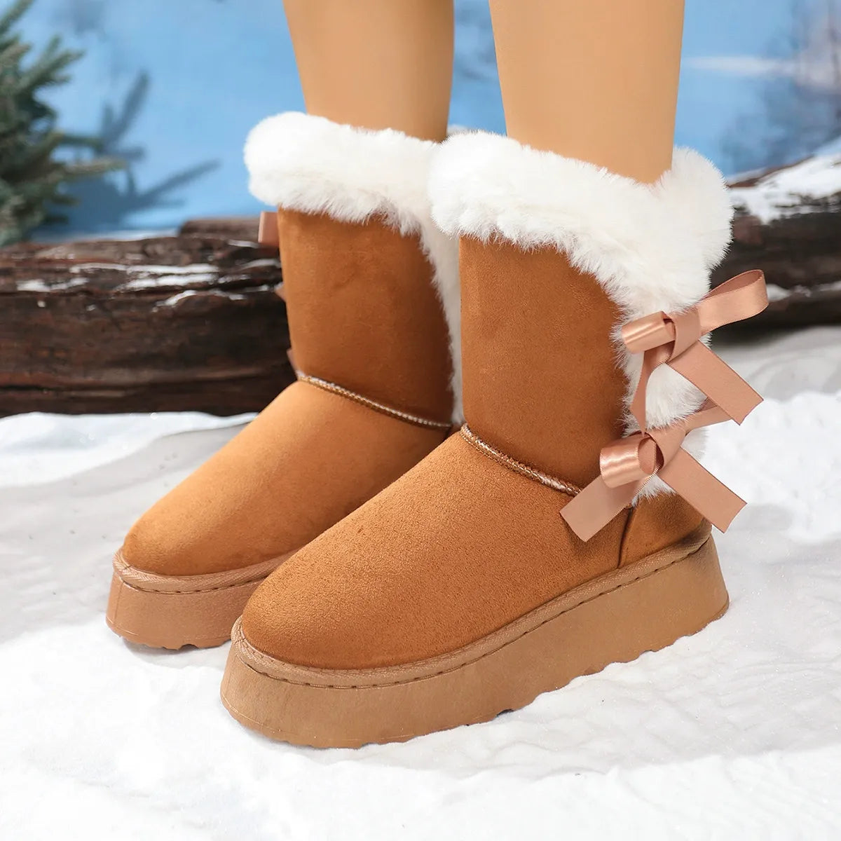 Women’s Snow Boots – Suede-Look – Faux Fur Lined – Mid-Calf Fit – Bow Detail – Grip Sole