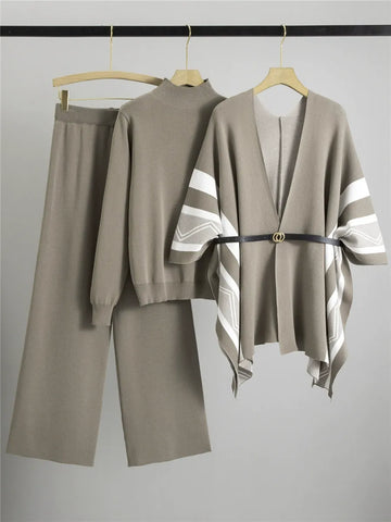 Women’s Three-Piece Shawl Cardigan – Knit Fabric – Belted Waist – Wide Sleeves – Hip Length