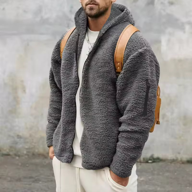 Men’s Fleece Coat – Oversized Fit – Hooded – Plush Texture – Zip Front – Casual Wear