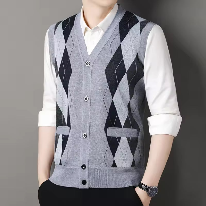Men’s Knitted Vest – Slim Fit – Wool Blend – Checkered – Button-Up V-Neck