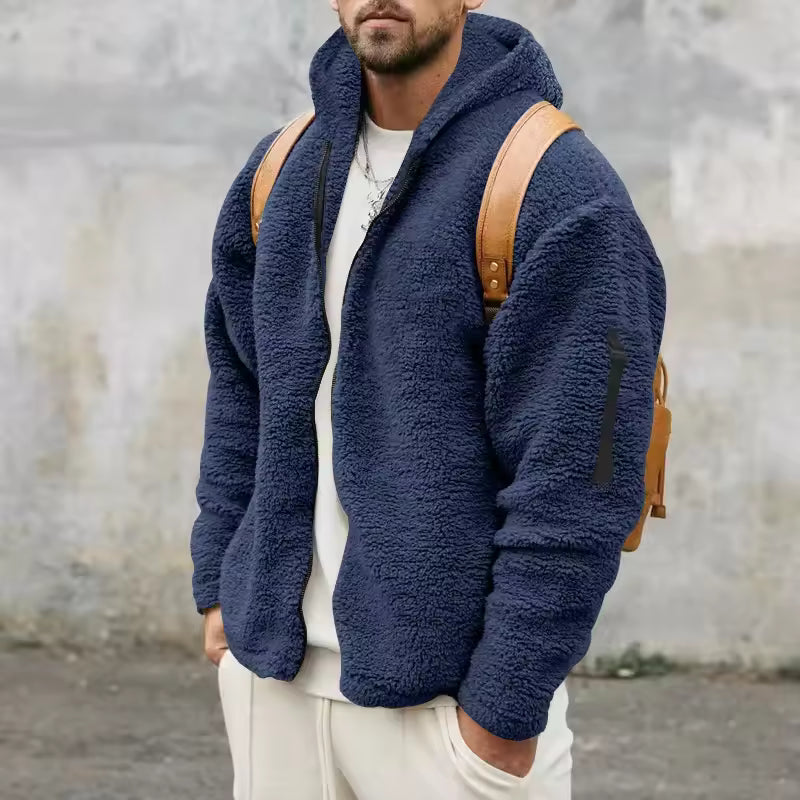 Men’s Fleece Coat – Oversized Fit – Hooded – Plush Texture – Zip Front – Casual Wear