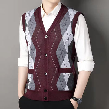 Men’s Knitted Vest – Slim Fit – Wool Blend – Checkered – Button-Up V-Neck
