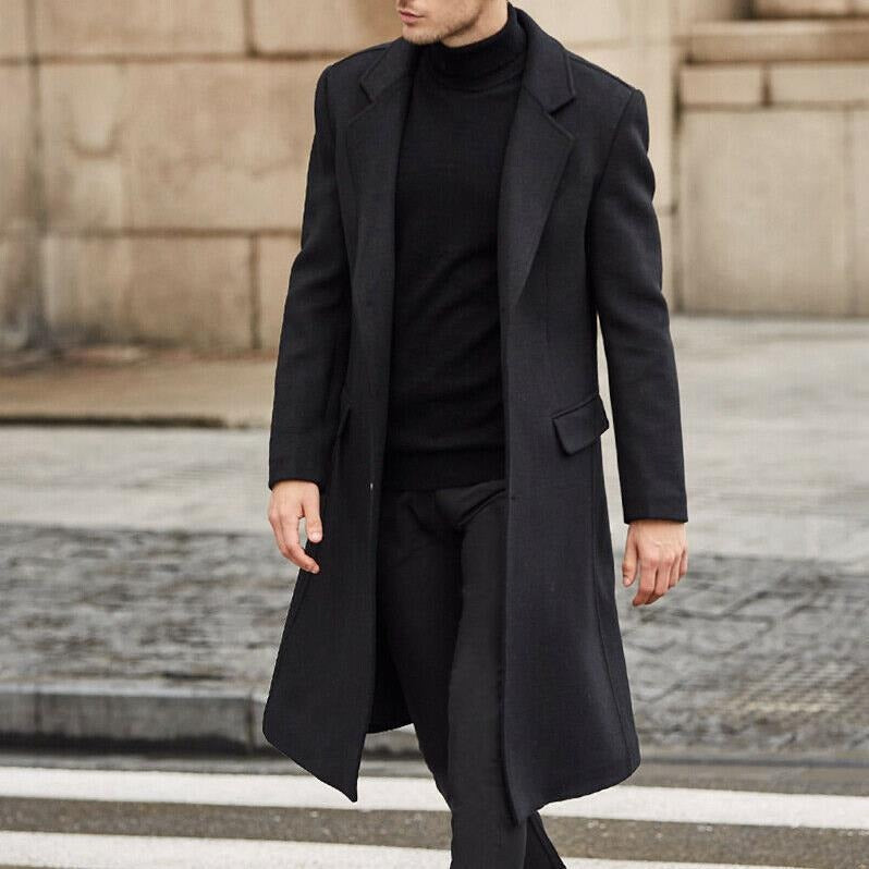 Men’s Trench Coat – Tailored Fit – Wool Blend – Long Length – Wide Lapel – Formal Style