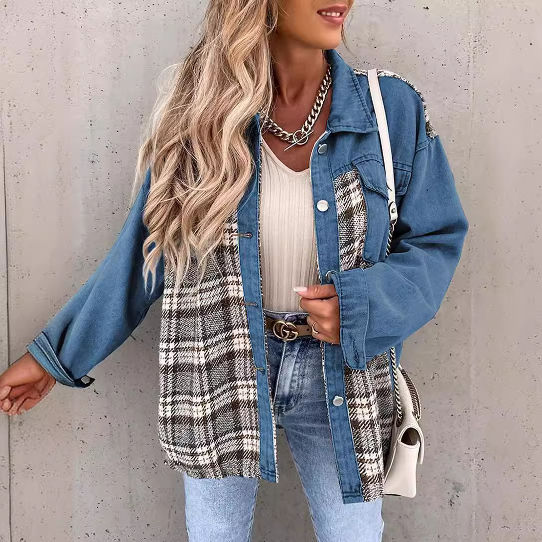Women’s Denim Jacket – Relaxed Fit – Plaid Panel – Long Sleeve Button-Down Casual Style
