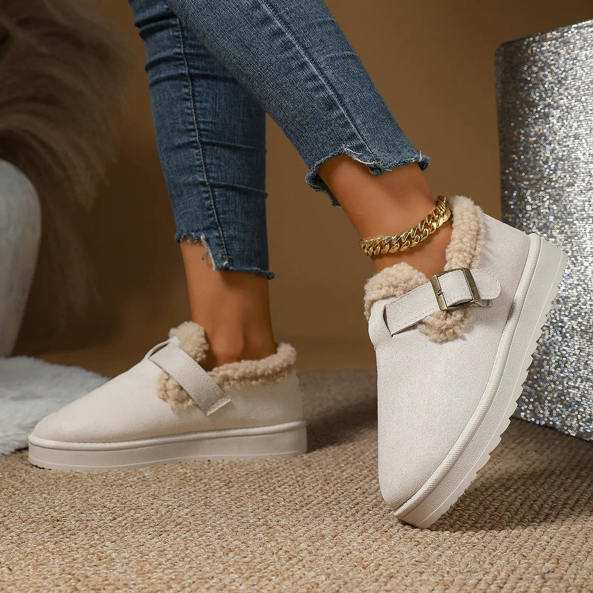 Women’s Snow Boots – Faux Suede – Faux Fur Lined – Ankle Height – Buckle Detail – Flat Grip Sole