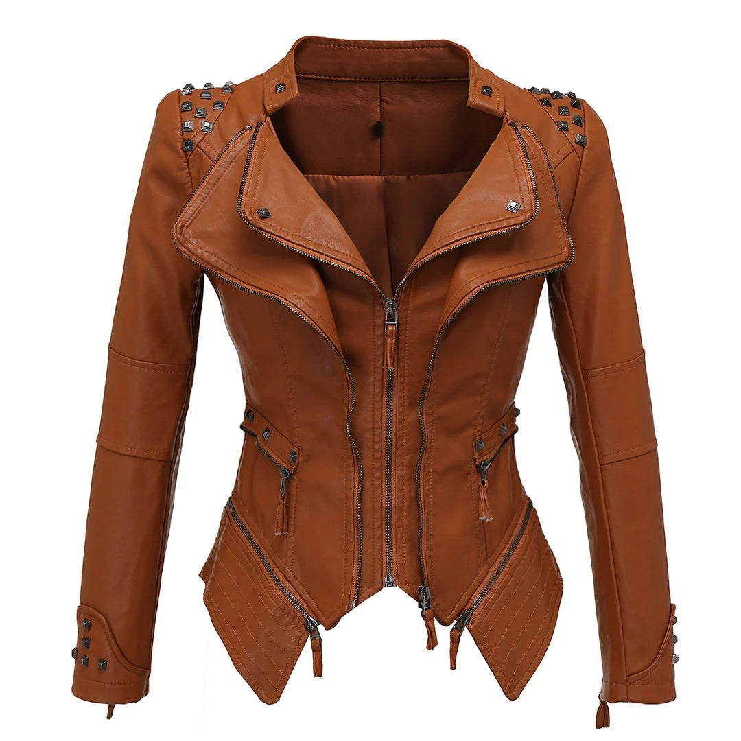 Women’s Biker Jacket – Slim Fit – Faux Leather – Studded Shoulders – Zip Closure