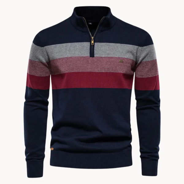 Men’s Quarter-Zip Sweater – Slim Fit – Wool Blend – Ribbed Trim – Striped Chest