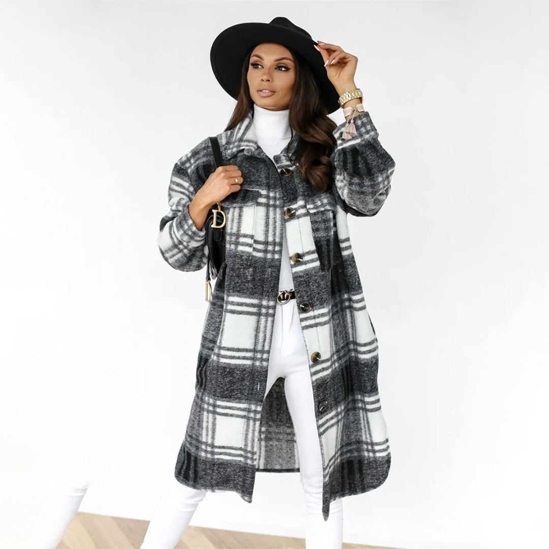Women’s Long Coat – Relaxed Fit – Checkered Wool Feel – Button Front – Flap Pockets