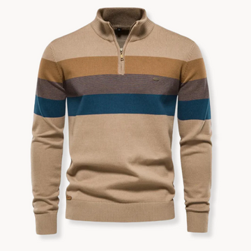 Men’s Quarter-Zip Sweater – Slim Fit – Wool Blend – Ribbed Trim – Striped Chest