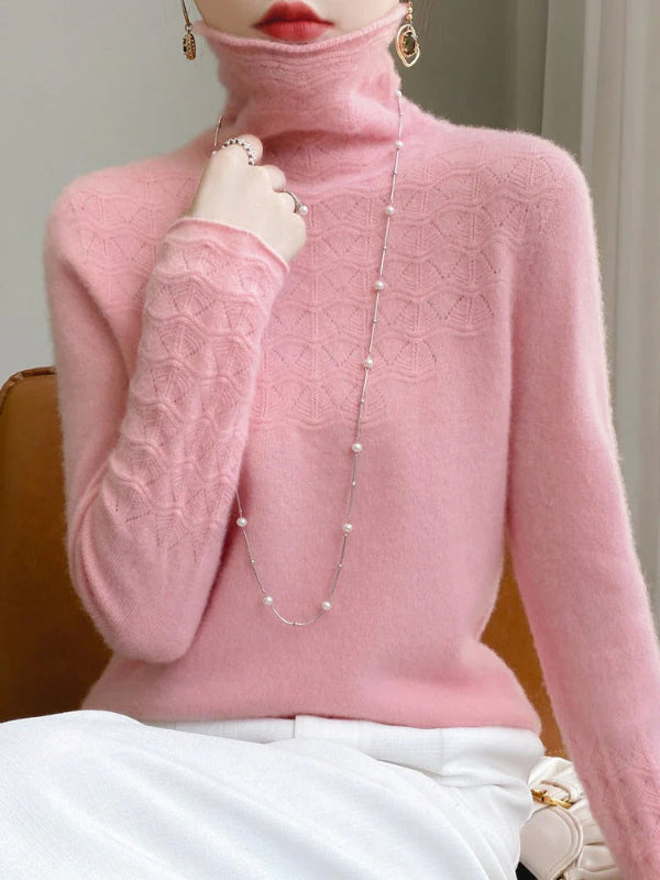 Women’s Turtleneck Sweater – Slim Fit – Wool Blend – Hollow Knit Texture