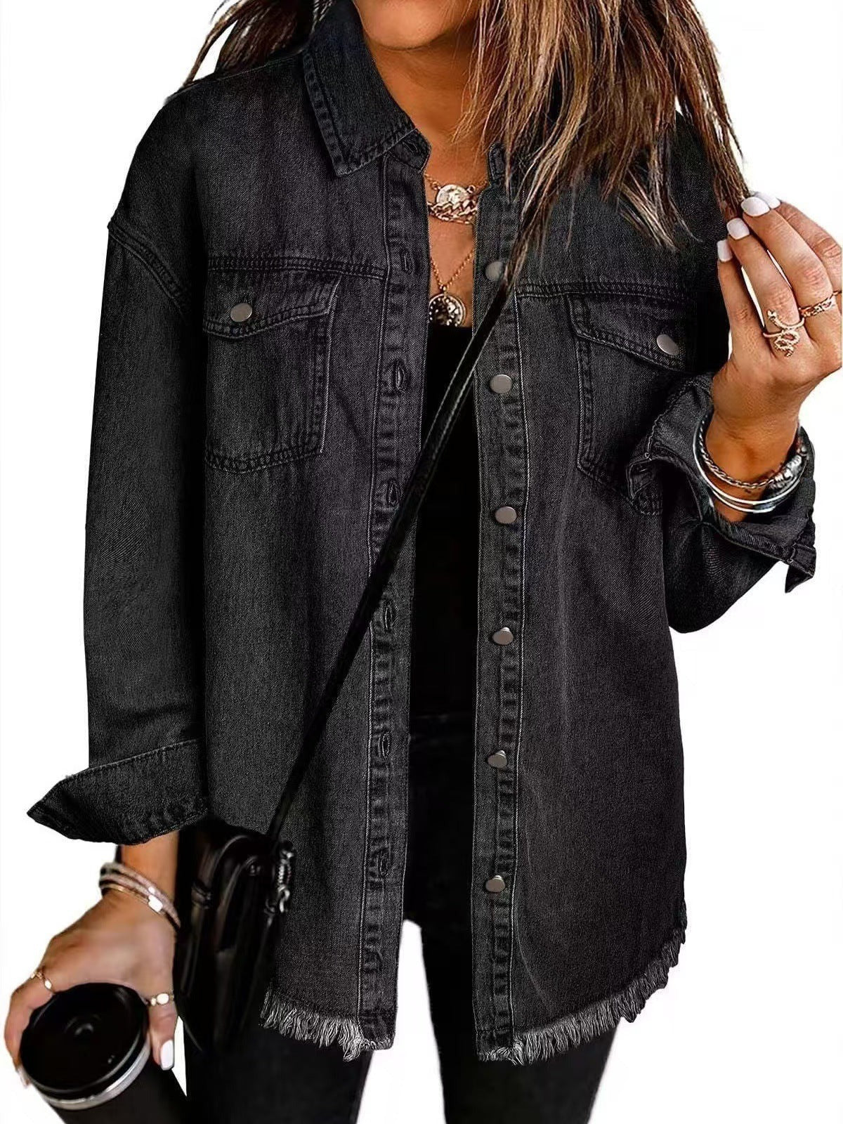 Women’s Denim Jacket – Relaxed Fit – Frayed Hem – Button Front – Casual Outerwear