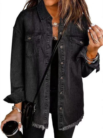 Women’s Denim Jacket – Relaxed Fit – Frayed Hem – Button Front – Casual Outerwear