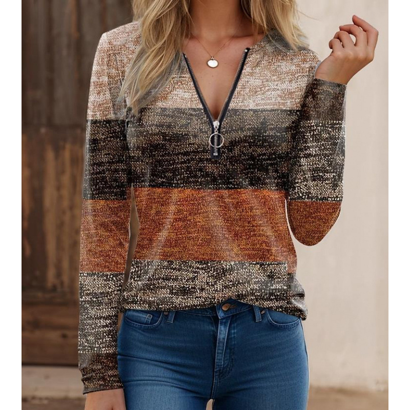 Women’s Long Sleeve Shirt – Knit Fabric – Zipper Collar – Spliced Print – Regular Fit