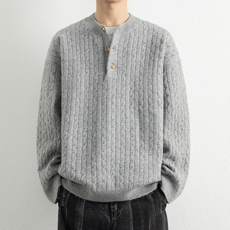 Men’s Pullover Sweatshirt – Relaxed Fit – Wool Knit – Henley Neck – Cable Pattern