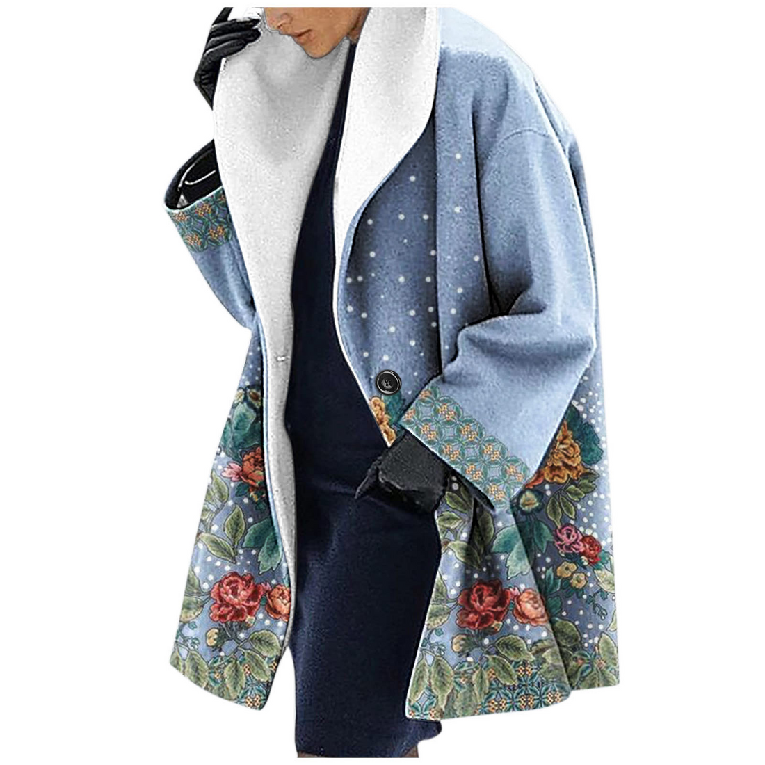 Women’s Hooded Jacket – Wool – Loose Fit – Mid-Length – Ethnic Print Casual Layer