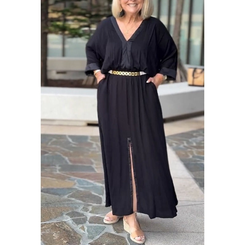 Women’s Maxi Dress – V-Neck – Long Sleeve – Relaxed Fit – Front Slit