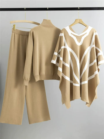 Women’s Three-Piece Shawl Cape – Knitted Fabric – Geometric Pattern – Open Front – Relaxed Fit