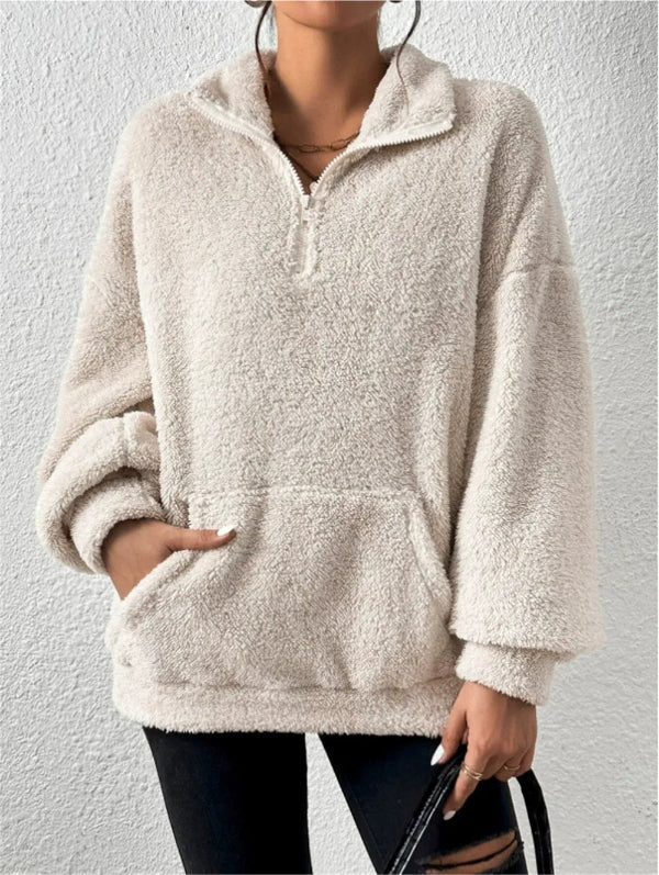 Women’s Fleece Sweatshirt – Relaxed Fit – Zip Front – Stand Collar – Kangaroo Pocket